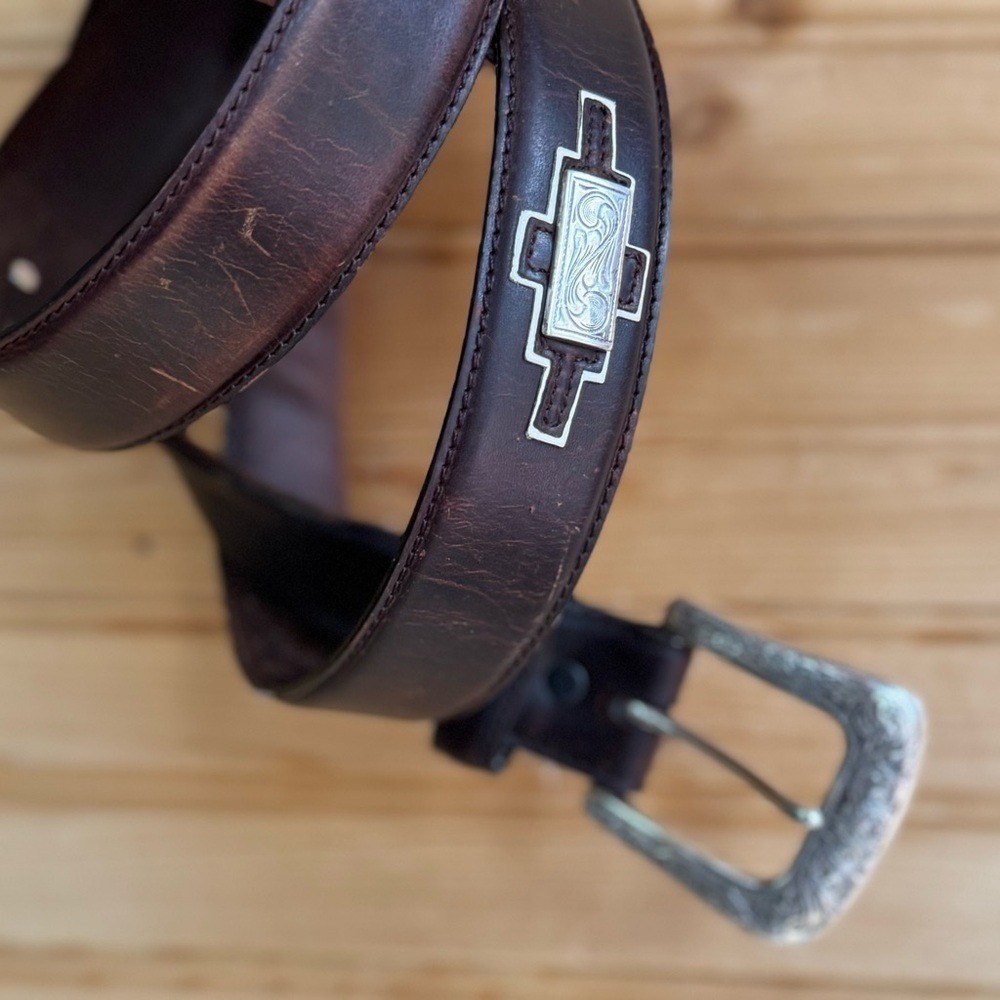 Resistol Belt Genuine Full Grain Leather Brown Silver Buckle Geometric 44/110